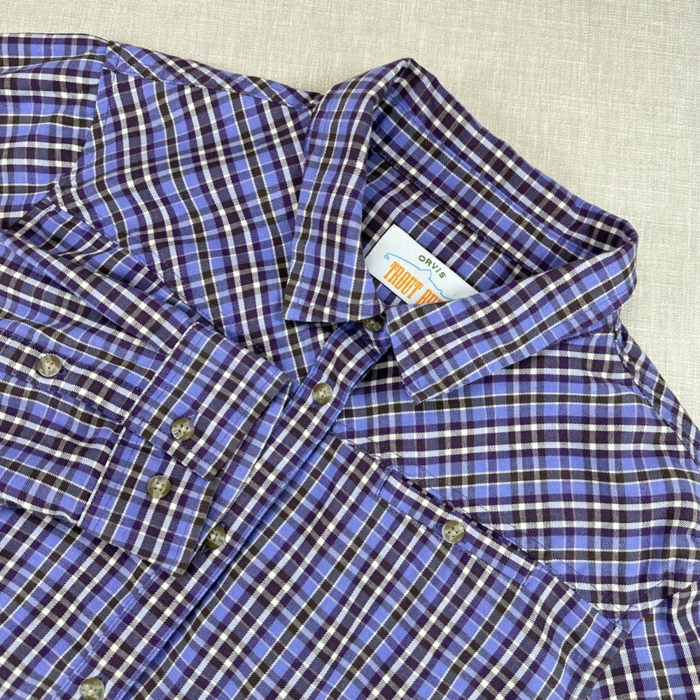 Orvis Trout Bum Button Up Shirt Womens XL Purple Plaid Long Sleeve Roll Tab EUC